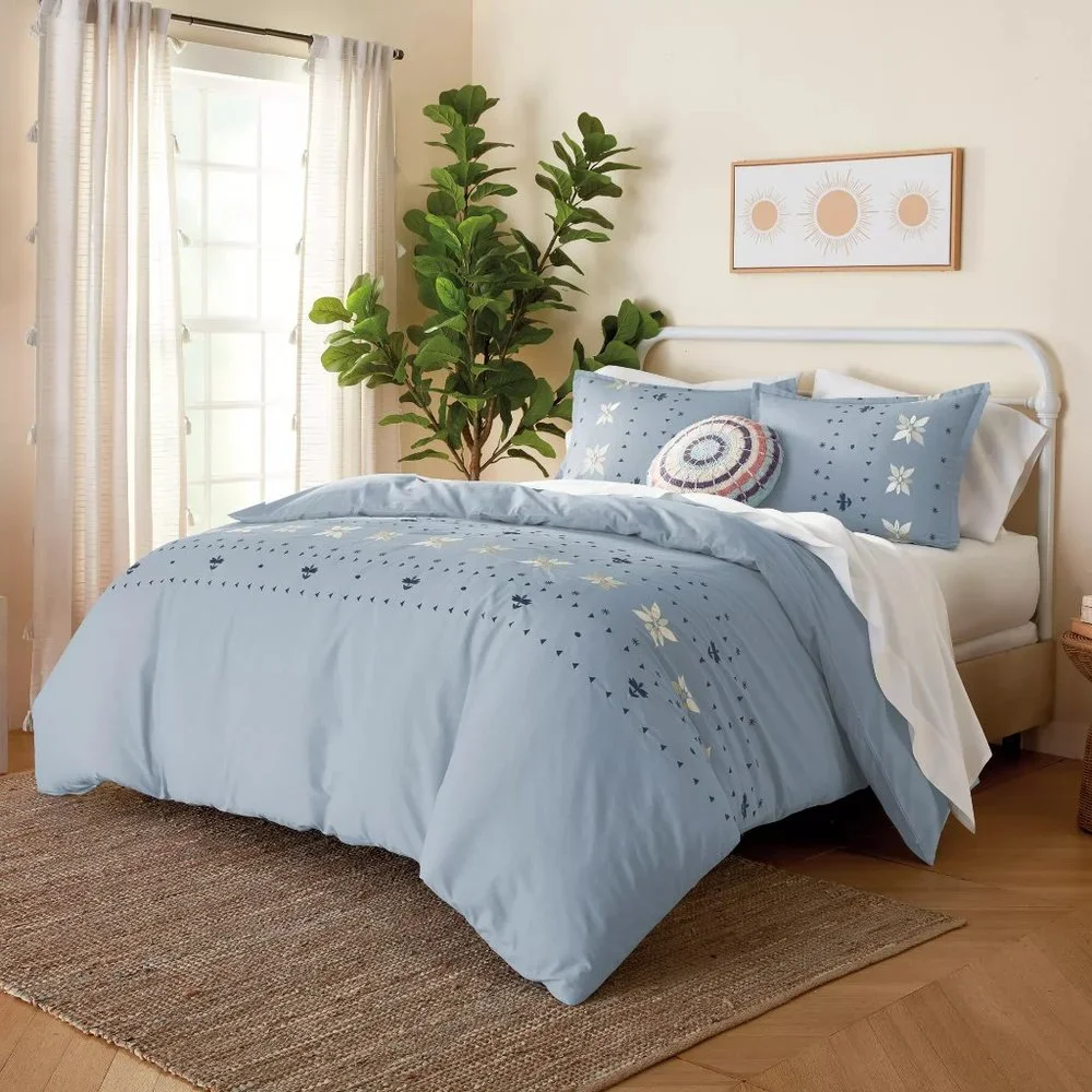 new KING Wild Sage Alana COMFORTER SET - Light Blue Embroidered Geo pattern